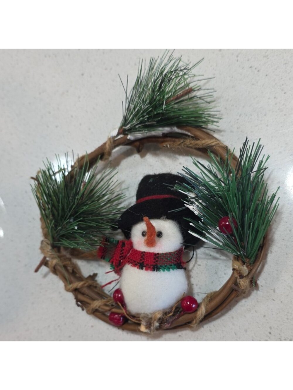 Snowman Christmas Hanging Wreath Ornament Small Plaid Multicolor Twig Fabric